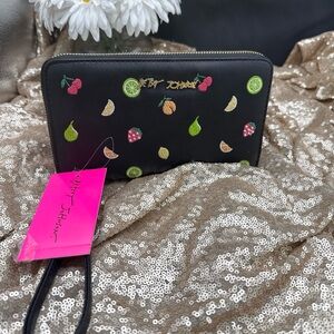 Betsey Johnson Black Wallet Wristlet with Embroidered Fruit Accents
